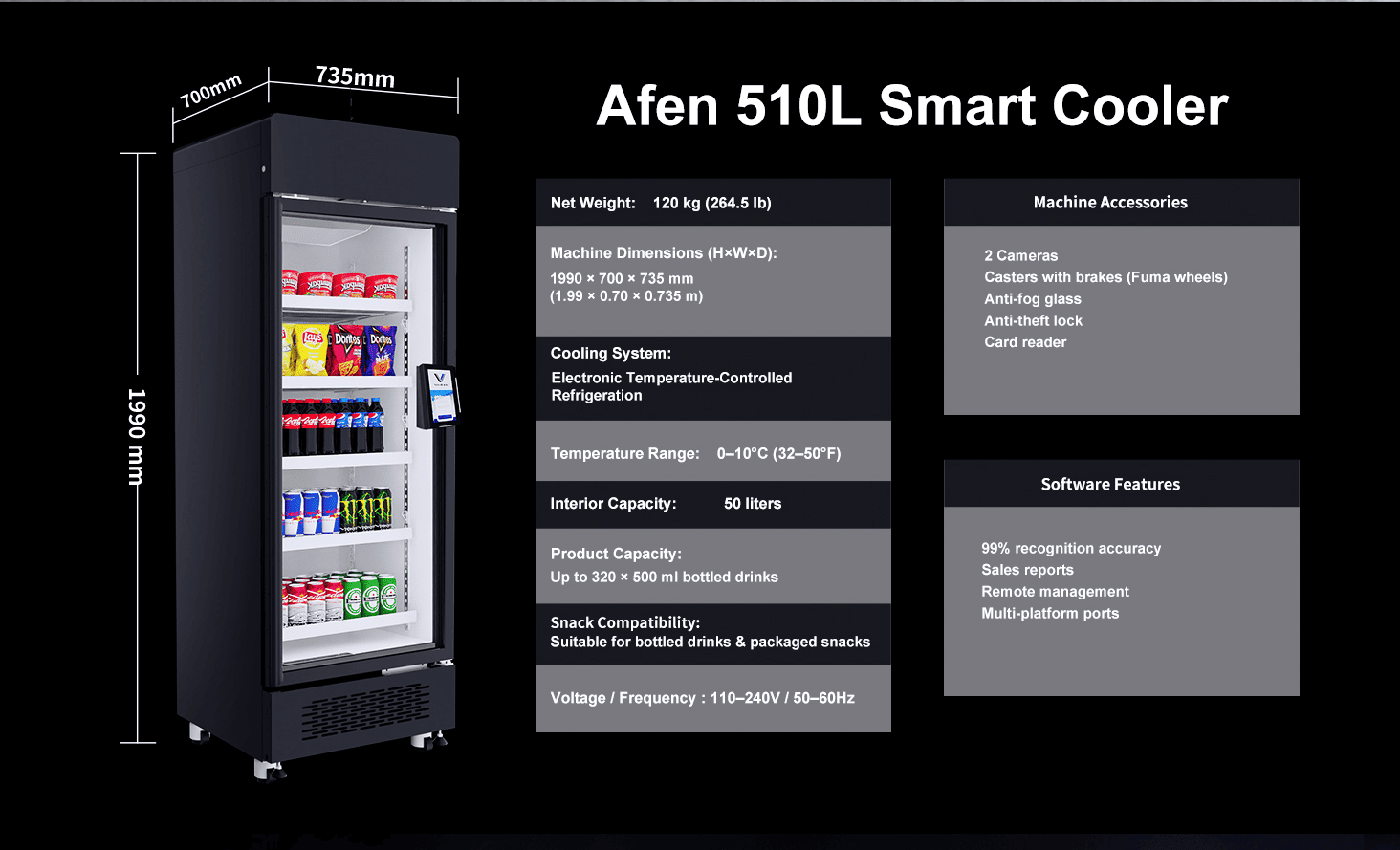 Dimensioni e capacità del distributore automatico AFEN Smart Cooler AI da 510 litri Capacità di stoccaggio ad alta densità del distributore automatico AFEN AI che massimizza il ROI al dettaglio in un ingombro compatto