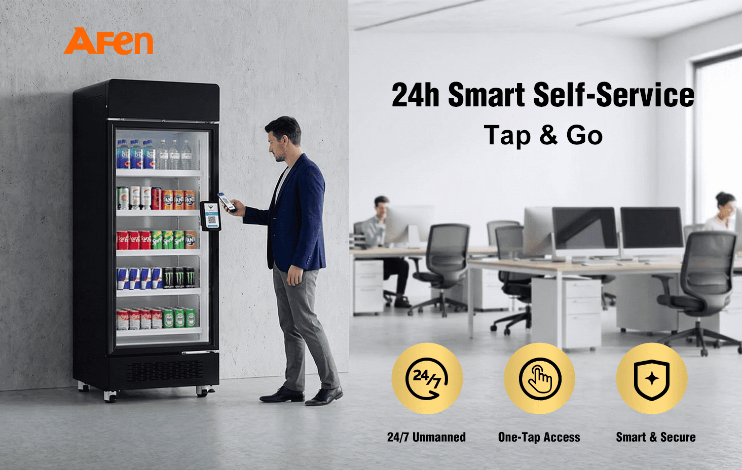 AFEN Smart Cooler 510L Hero Scene Il refrigeratore intelligente AFEN 510 offre soluzioni versatili per la vendita al dettaglio senza personale 24 ore su 24, 7 giorni su 7, per uffici e palestre