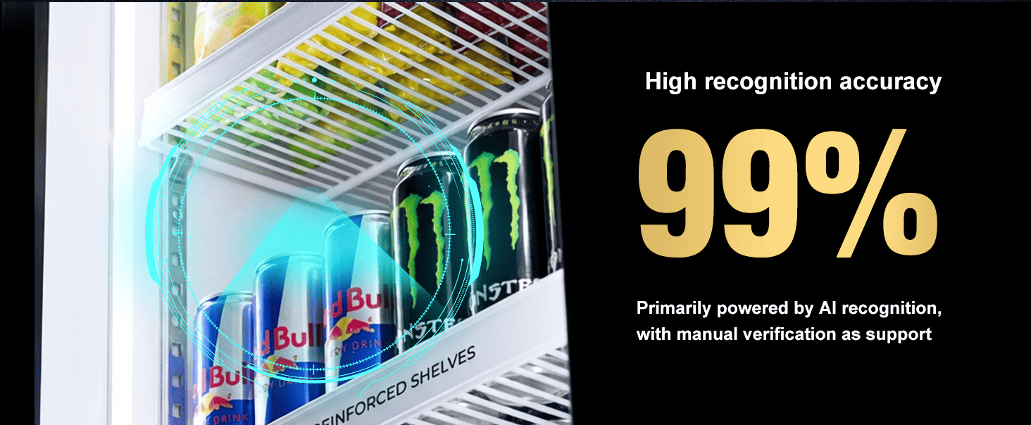 AFEN Smart Cooler AI Vending Machine Precisione di riconoscimento AI Precisione di riconoscimento del 99% tramite visione AI a doppia telecamera per fatturazione precisa e prevenzione delle perdite immediata