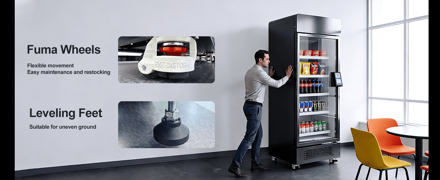 Mobilità e stabilità del distributore automatico AFEN AI Mobilità di livello industriale con ruote Fuma resistenti per un impiego stabile negli spazi commerciali